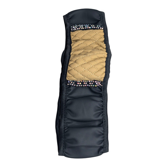 Black & Beige Faux Leather Bling Rhinestone Steering Wheel Cover 14.6"-15" New - Picture 6 of 7